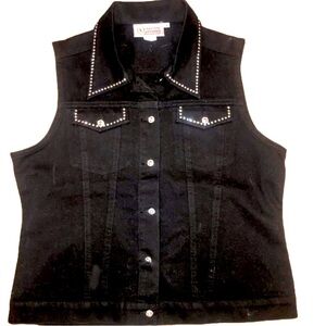 VINTAGE Christine Alexander Black Denim Vest w Crystal Collar & Bling Buttons L